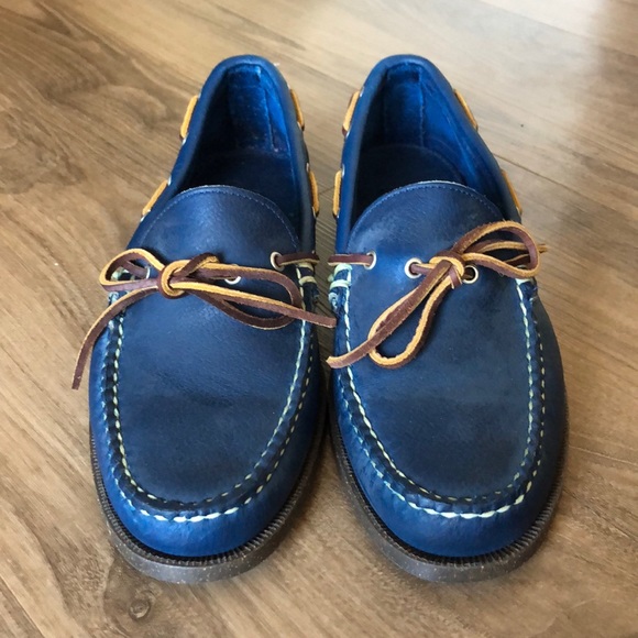 blue leather moccasins